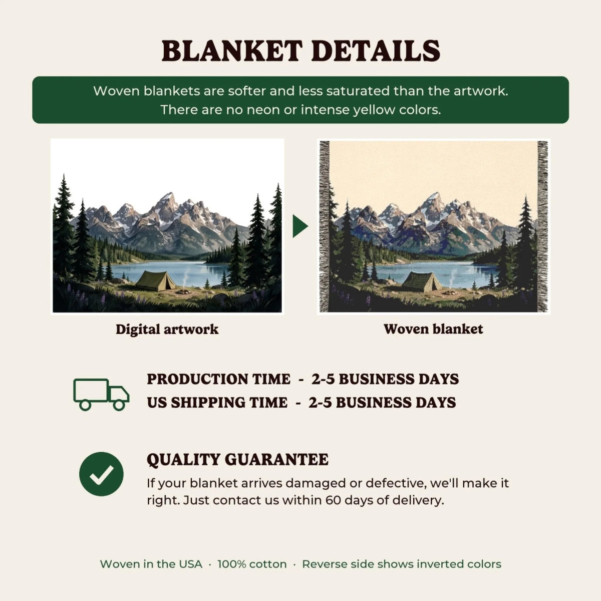 Woven blanket details, production time and quality guarantee