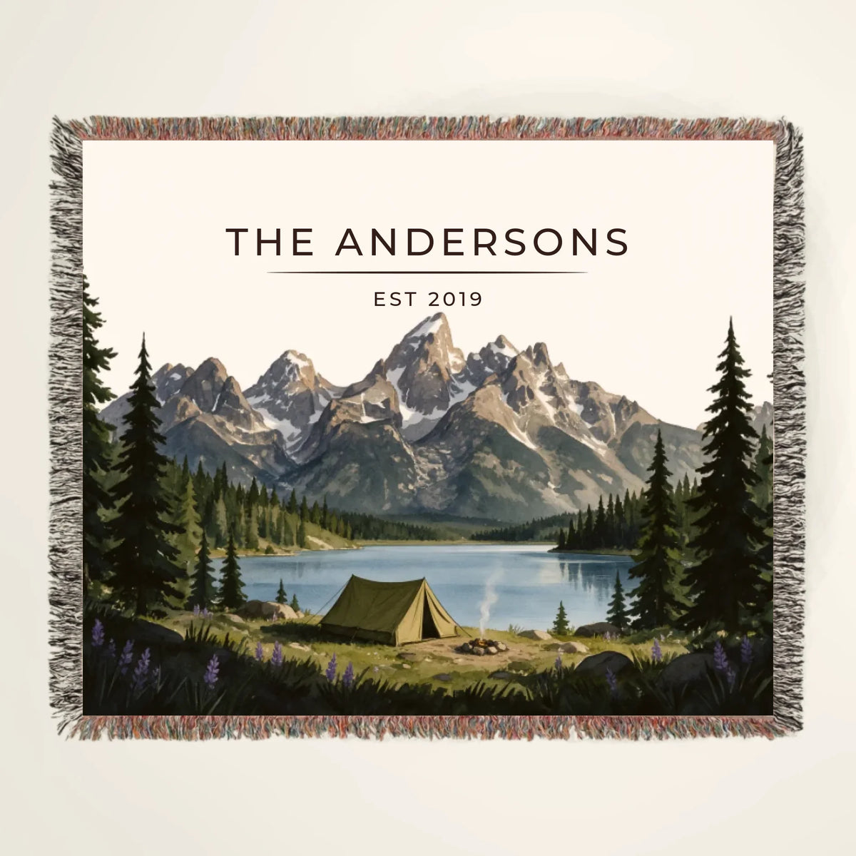 Personalized Grand Teton Lake Campsite Woven Blanket with family name