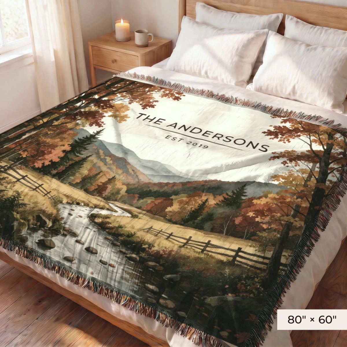 Great Smoky Mountains Autumn Woven Blanket 80x60 on a queen bed