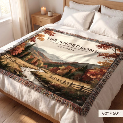 Great Smoky Mountains Autumn Woven Blanket 60x50 on a queen bed