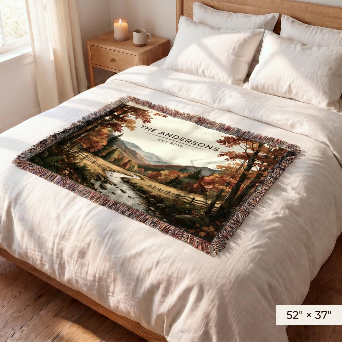 Great Smoky Mountains Autumn Woven Blanket 52x37 on a queen bed