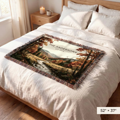 Great Smoky Mountains Autumn Woven Blanket 52x37 on a queen bed