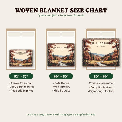 Woven blanket size chart 52x37, 60x50, 80x60
