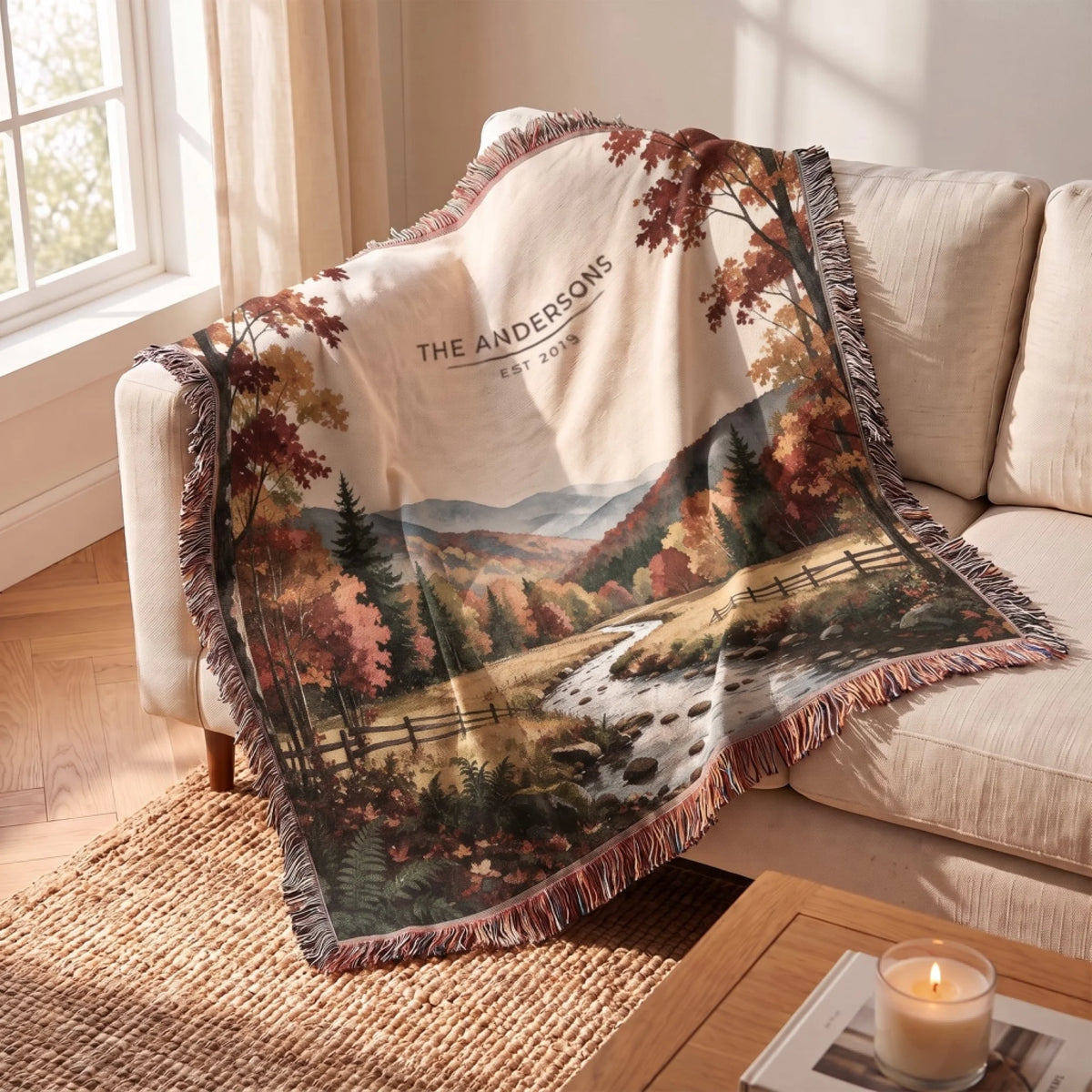 Great Smoky Mountains Autumn Woven Blanket draped over a sofa