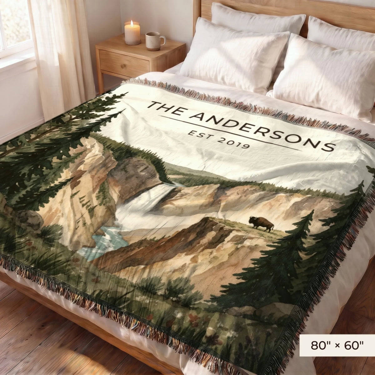 Yellowstone Falls Bison Woven Blanket 80x60 on a queen bed