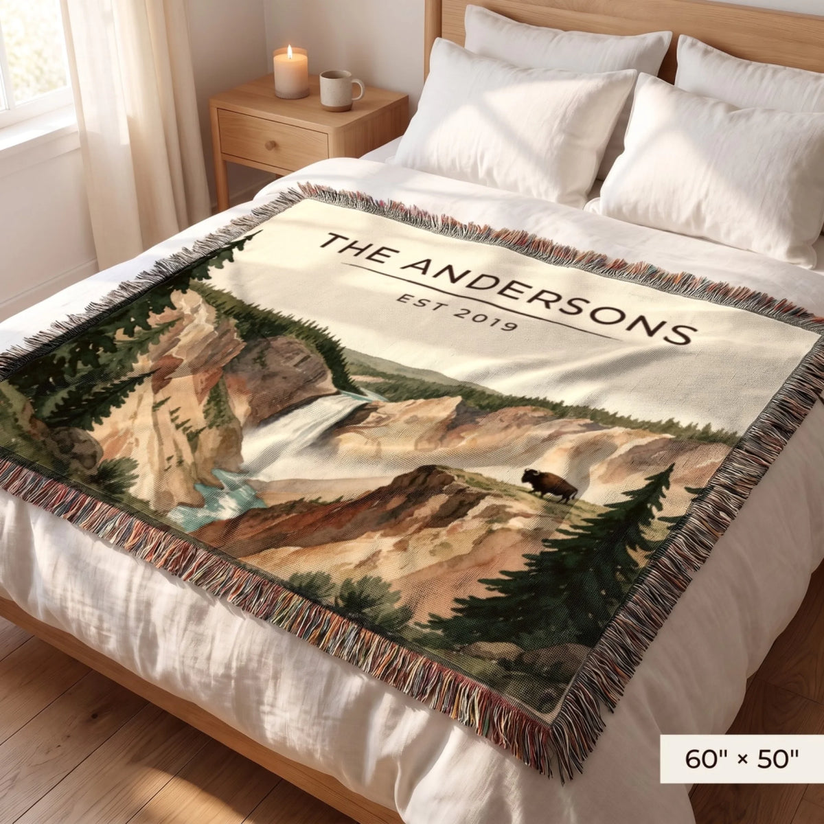 Yellowstone Falls Bison Woven Blanket 60x50 on a queen bed