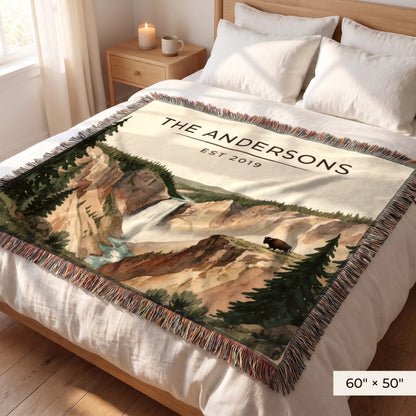Yellowstone Falls Bison Woven Blanket 60x50 on a queen bed