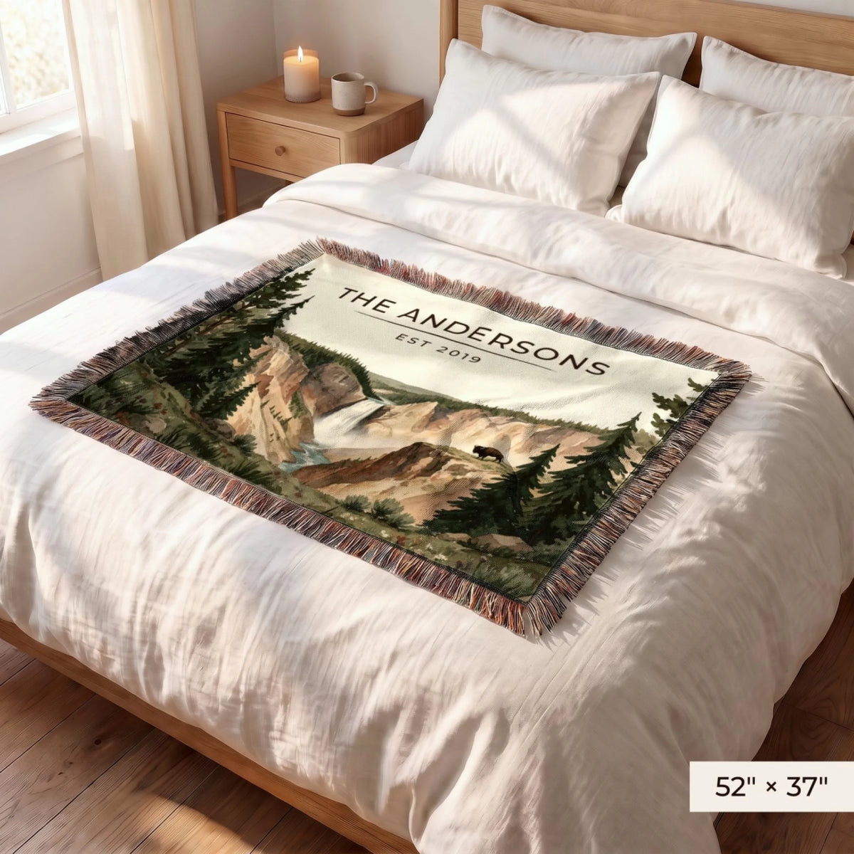 Yellowstone Falls Bison Woven Blanket 52x37 on a queen bed