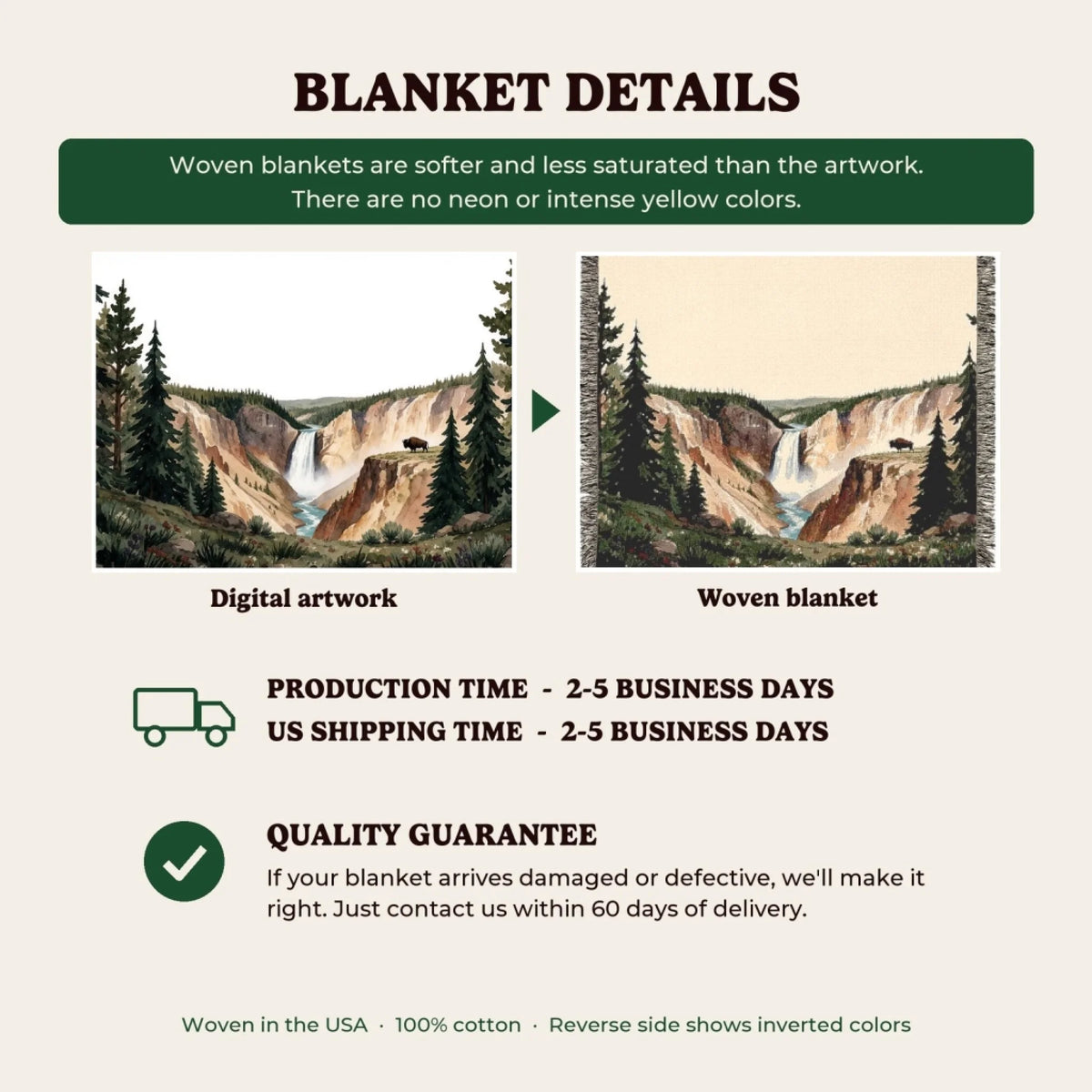 Woven blanket details, production time and quality guarantee