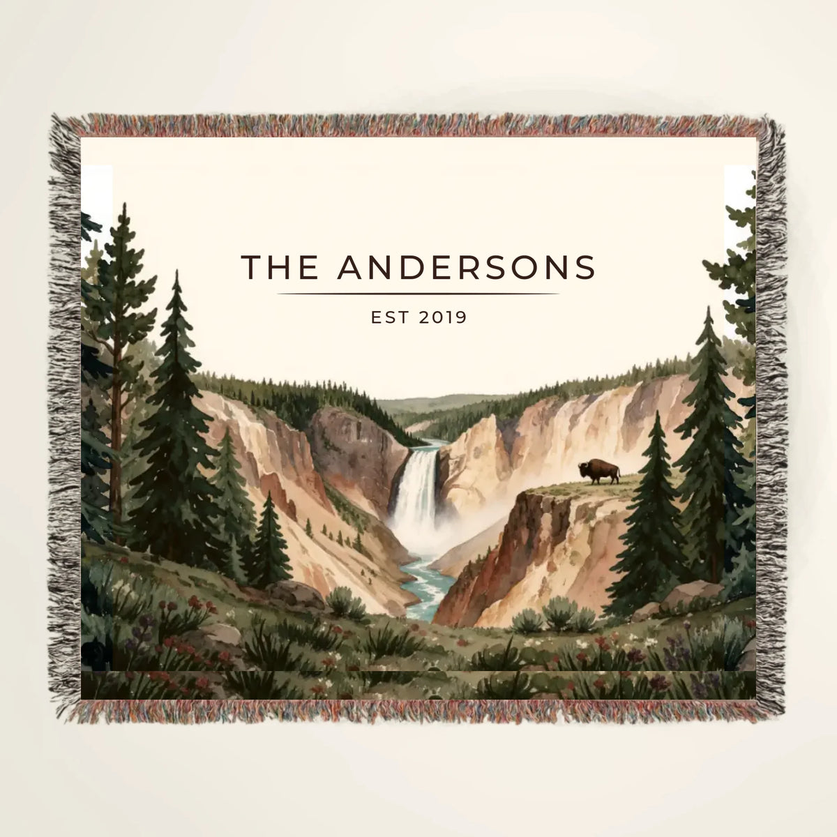 Personalized Yellowstone Falls Bison Woven Blanket with family name