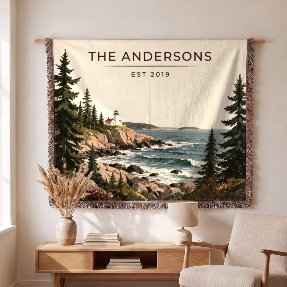 Personalized Acadia Lighthouse Coast Woven Blanket hanging on a wall, family name woven in