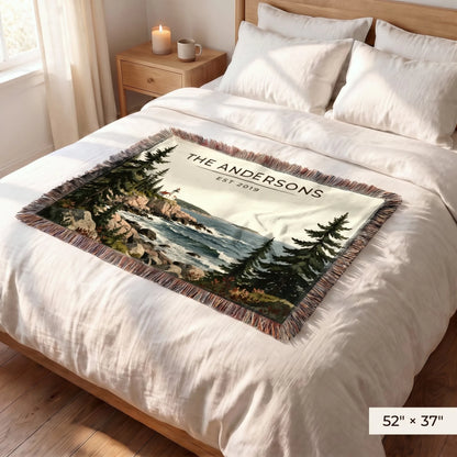 Acadia Lighthouse Coast Woven Blanket 52x37 on a queen bed