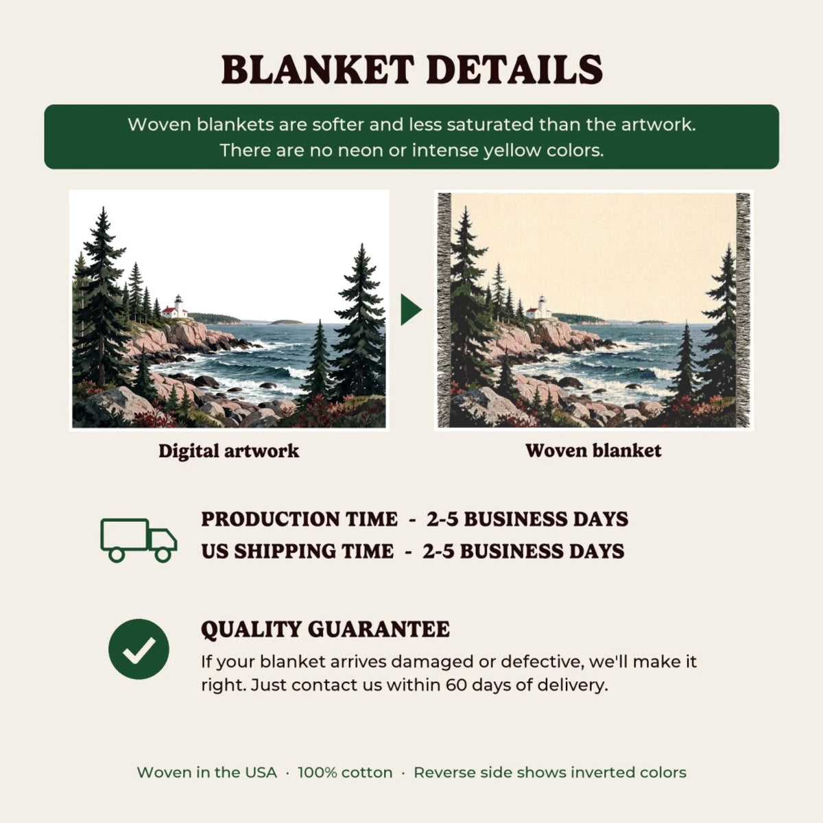 Woven blanket details, production time and quality guarantee