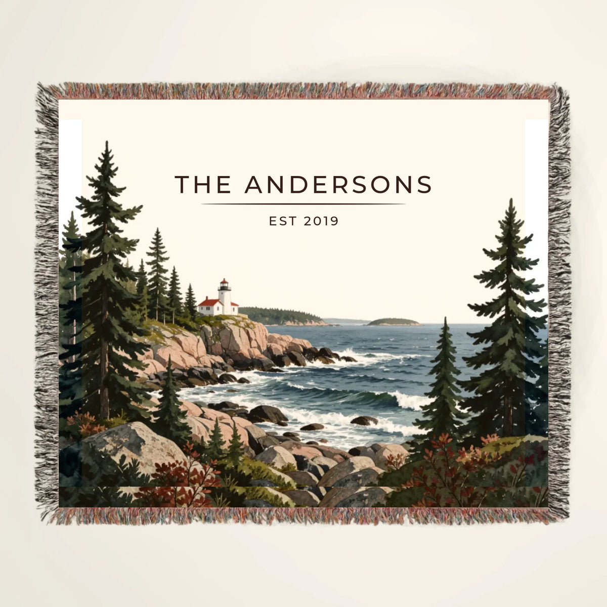 Personalized Acadia Lighthouse Coast Woven Blanket with family name