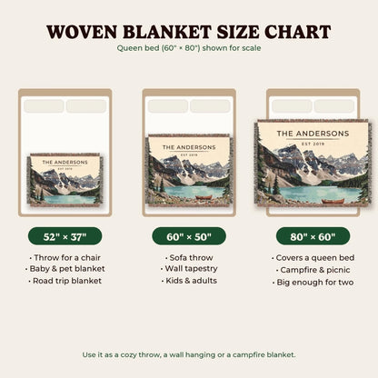 Woven blanket size chart 52x37, 60x50, 80x60