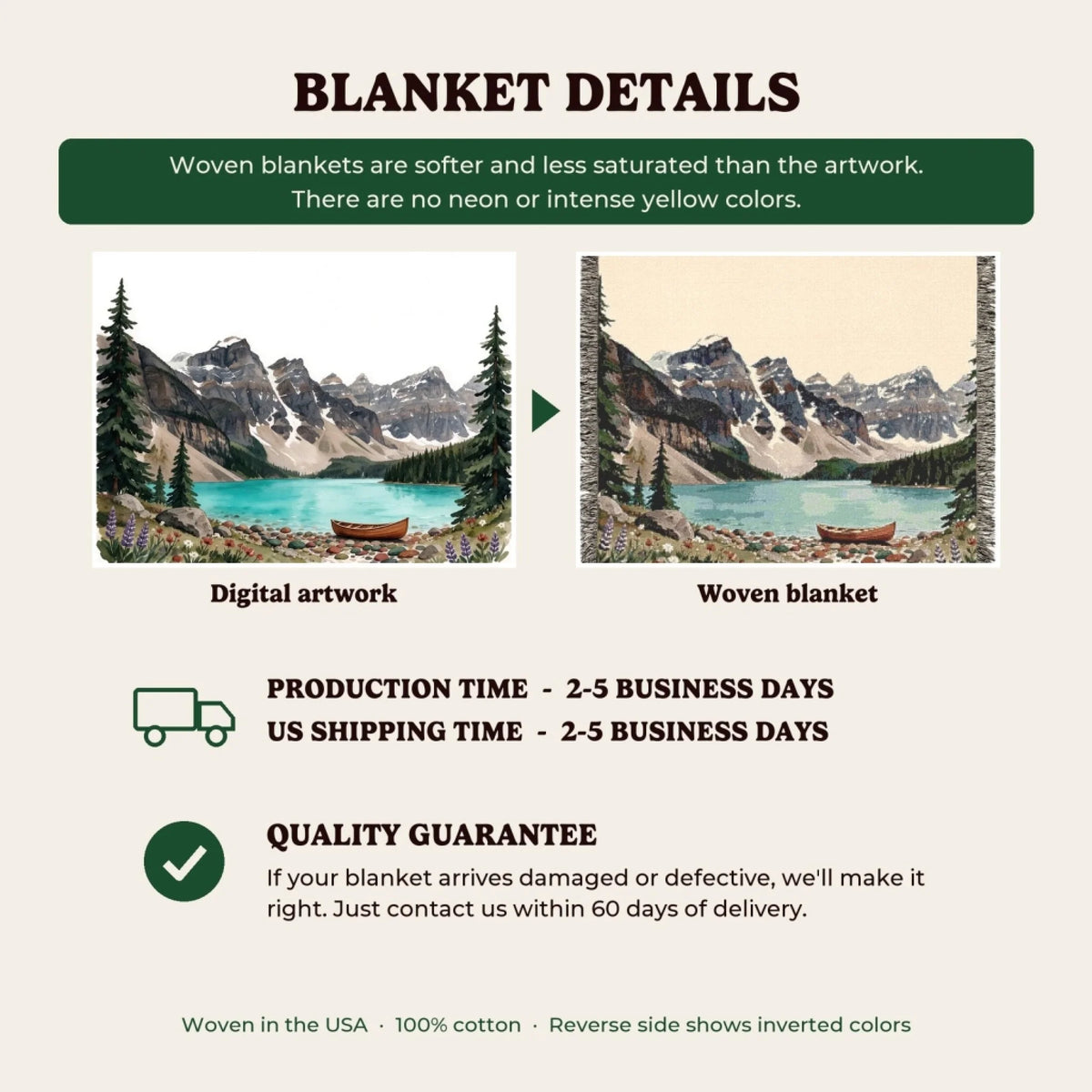 Woven blanket details, production time and quality guarantee