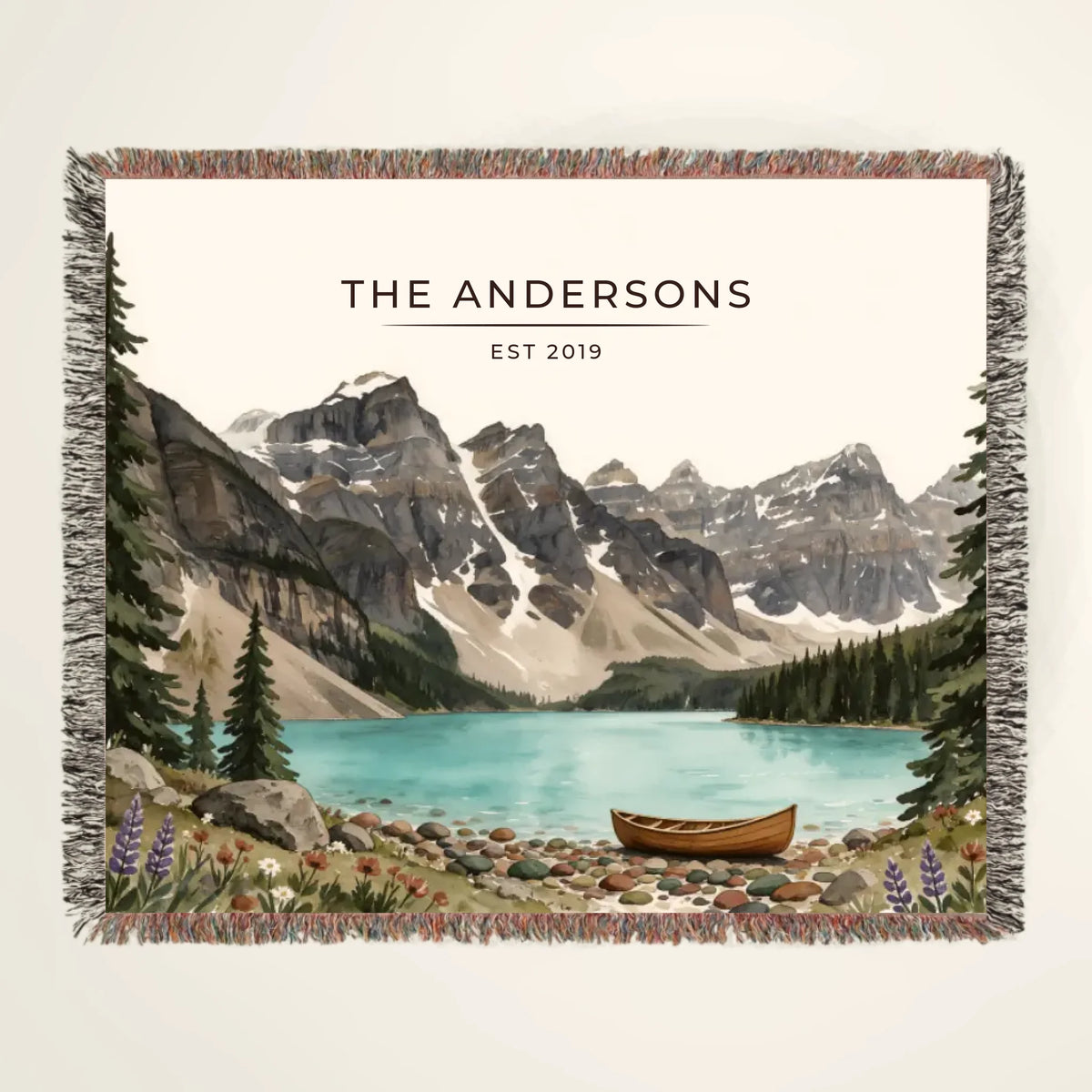 Personalized Glacier Lake Canoe Woven Blanket with family name