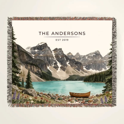 Personalized Glacier Lake Canoe Woven Blanket with family name