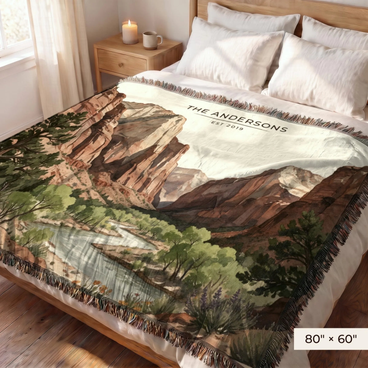 Zion Canyon River Woven Blanket 80x60 on a queen bed