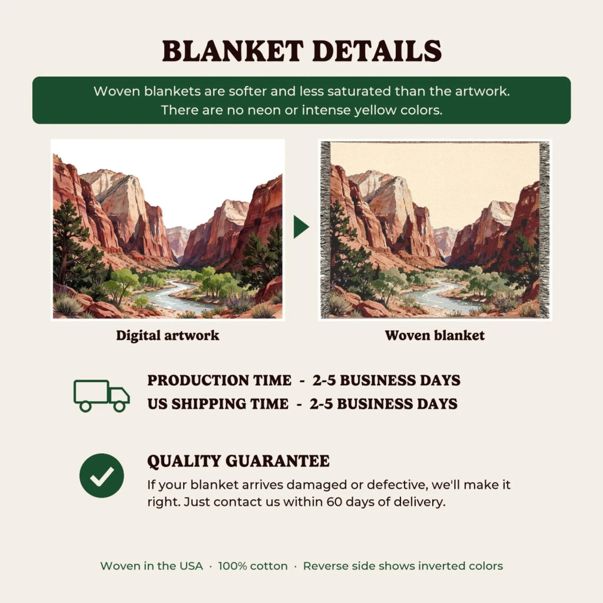 Woven blanket details, production time and quality guarantee