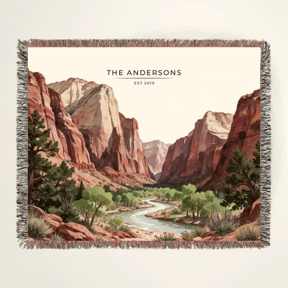 Personalized Zion Canyon River Woven Blanket with family name