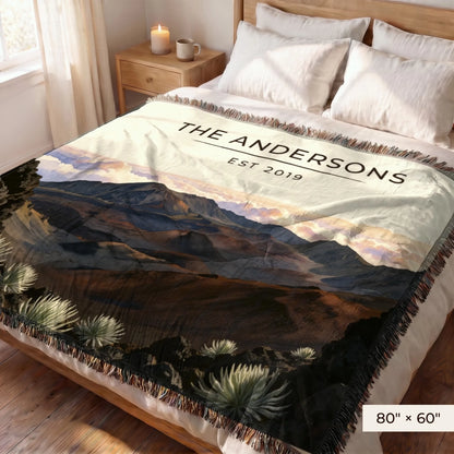 Haleakala Crater Sunrise Woven Blanket 80x60 on a queen bed