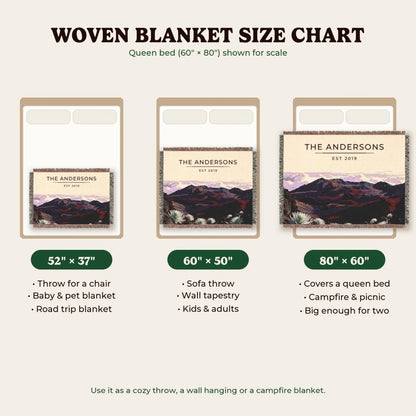 Woven blanket size chart 52x37, 60x50, 80x60