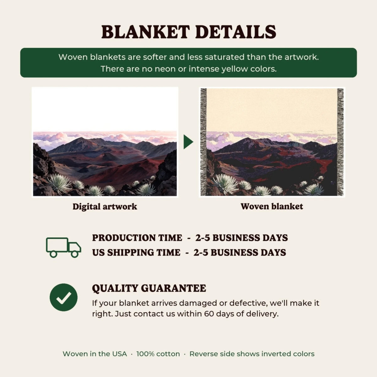 Woven blanket details, production time and quality guarantee