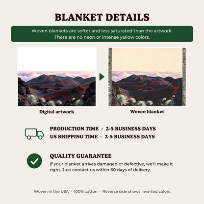 Woven blanket details, production time and quality guarantee