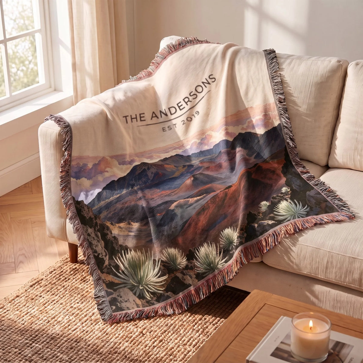 Haleakala Crater Sunrise Woven Blanket draped over a sofa