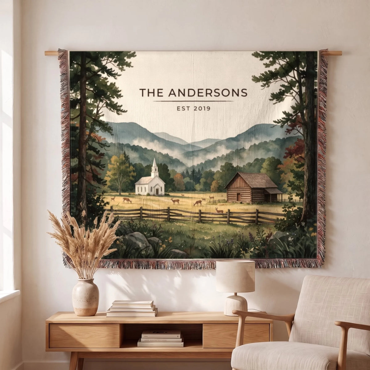 Personalized Great Smoky Mountains Cades Cove Woven Blanket hanging on a wall, family name woven in