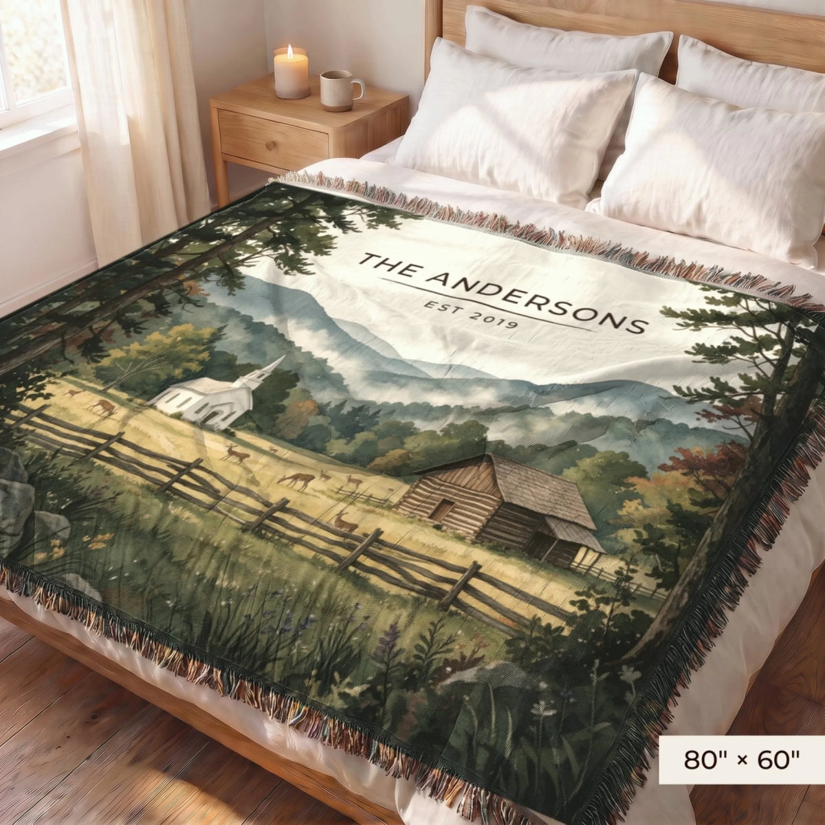 Great Smoky Mountains Cades Cove Woven Blanket 80x60 on a queen bed