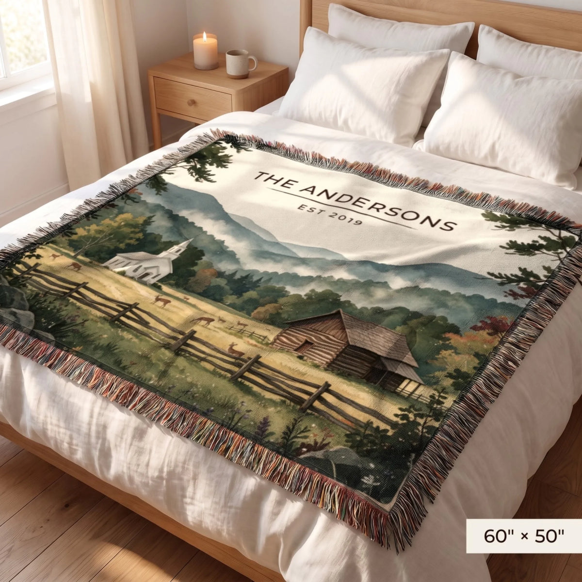 Great Smoky Mountains Cades Cove Woven Blanket 60x50 on a queen bed