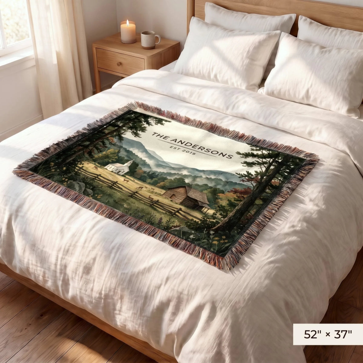 Great Smoky Mountains Cades Cove Woven Blanket 52x37 on a queen bed