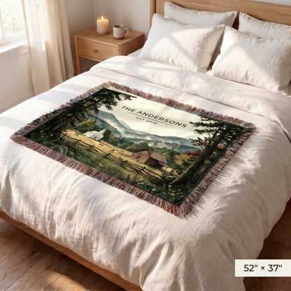 Great Smoky Mountains Cades Cove Woven Blanket 52x37 on a queen bed