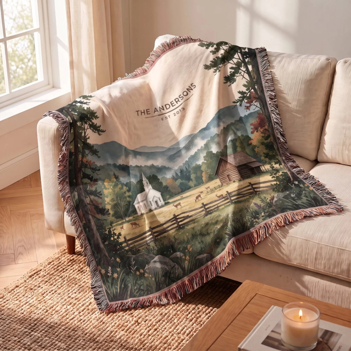Great Smoky Mountains Cades Cove Woven Blanket draped over a sofa