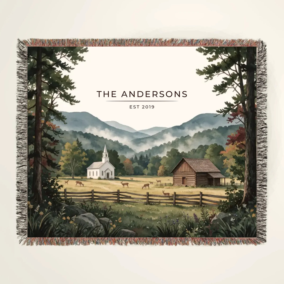 Personalized Great Smoky Mountains Cades Cove Woven Blanket with family name