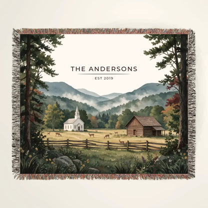 Personalized Great Smoky Mountains Cades Cove Woven Blanket with family name