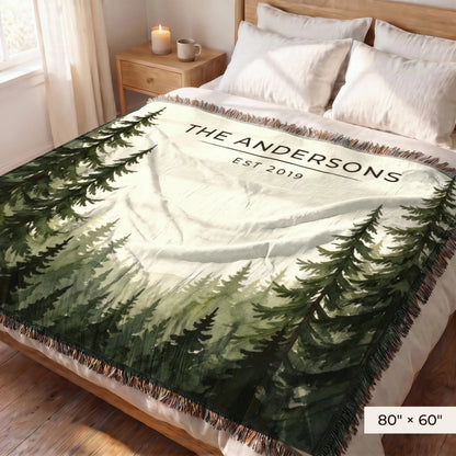 Evergreen Forest Treetops Woven Blanket 80x60 on a queen bed