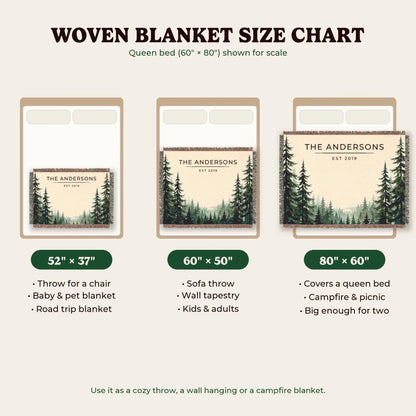 Woven blanket size chart 52x37, 60x50, 80x60