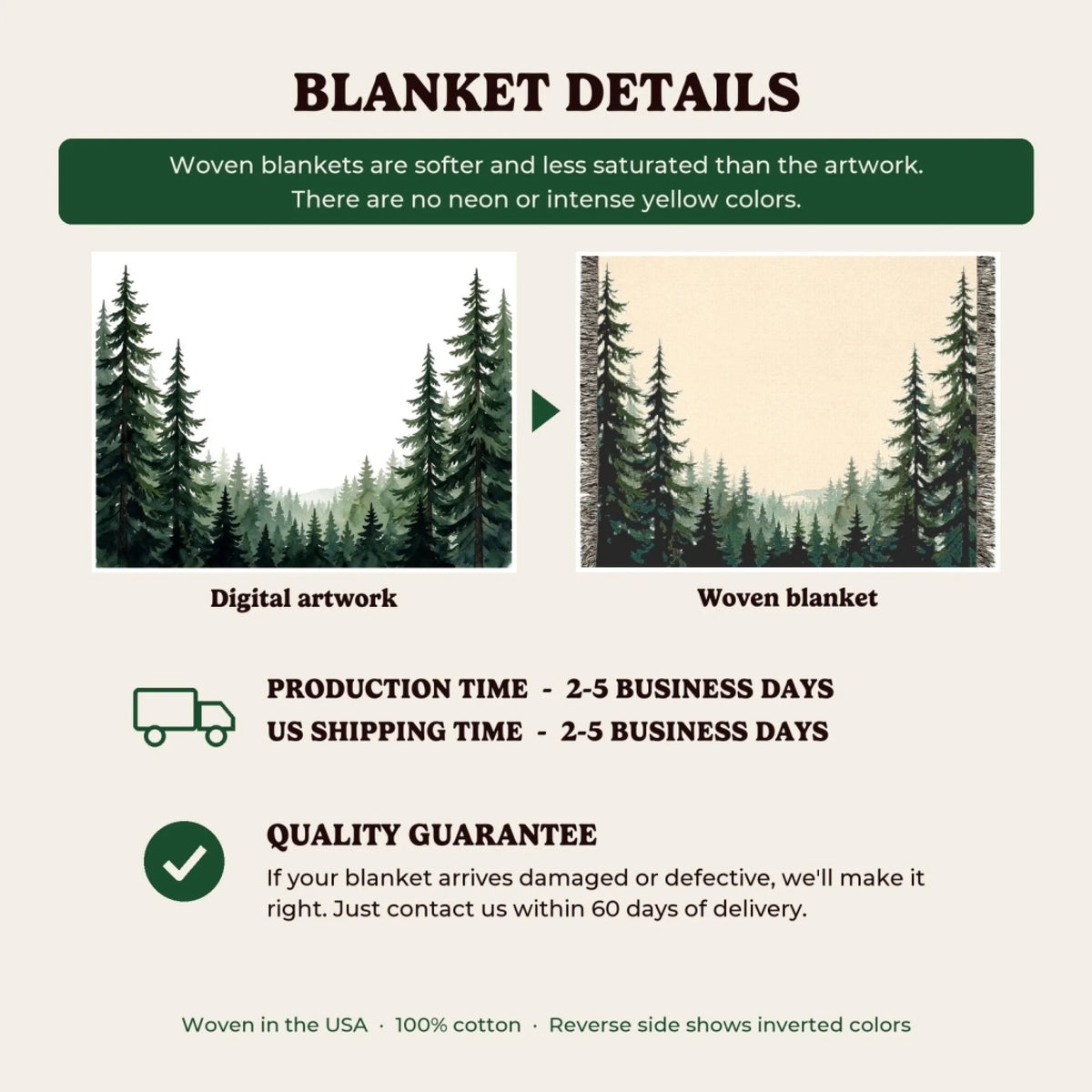 Woven blanket details, production time and quality guarantee