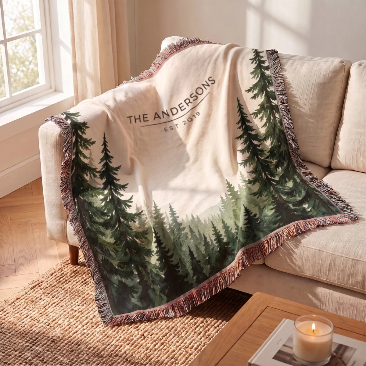 Evergreen Forest Treetops Woven Blanket draped over a sofa