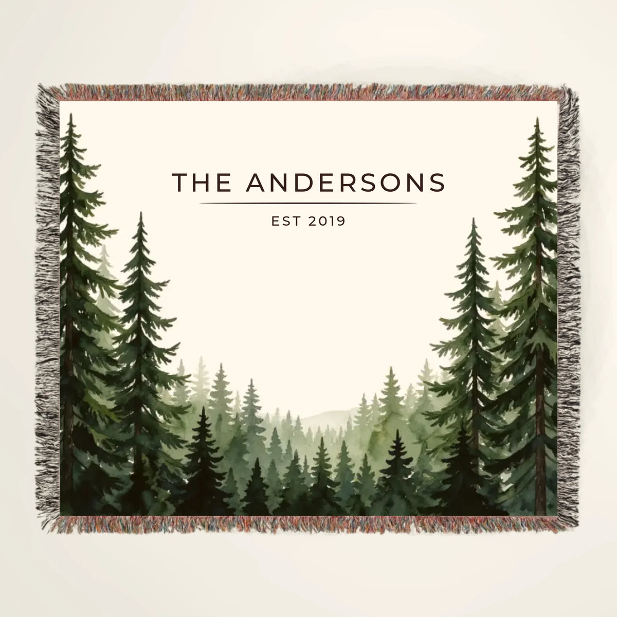 Personalized Evergreen Forest Treetops Woven Blanket with family name
