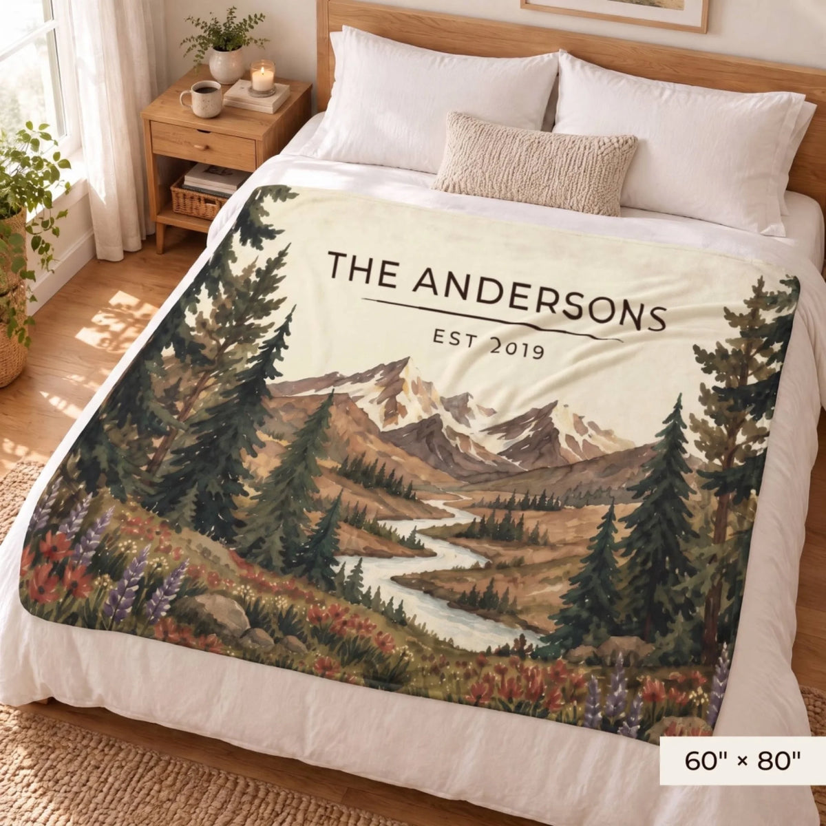 Mountain River Wildflower Sherpa Blanket 60x80 on a queen bed