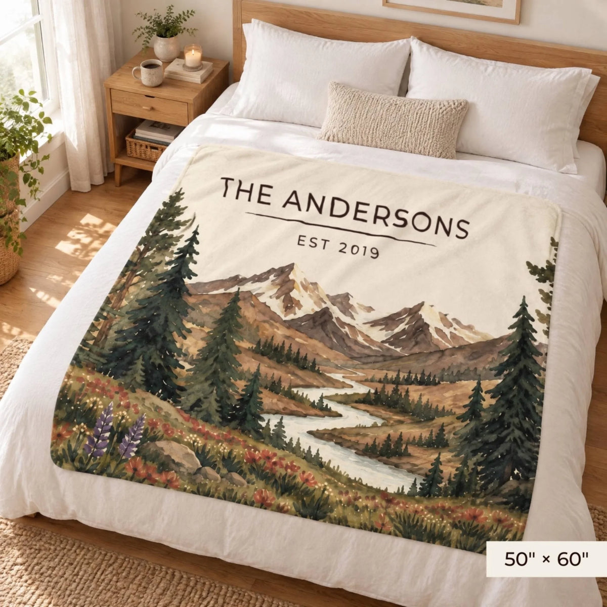 Mountain River Wildflower Sherpa Blanket 50x60 on a queen bed