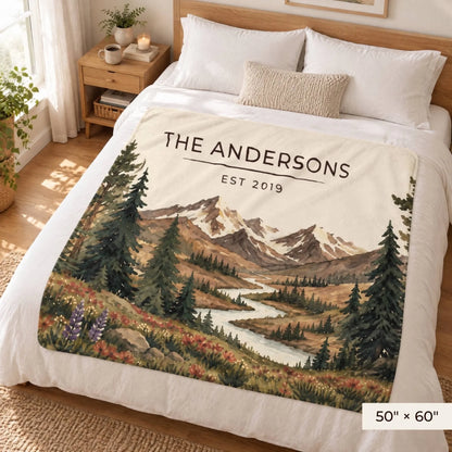 Mountain River Wildflower Sherpa Blanket 50x60 on a queen bed