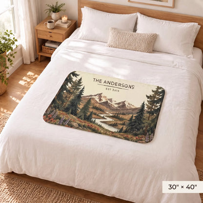Mountain River Wildflower Sherpa Blanket 30x40 on a queen bed