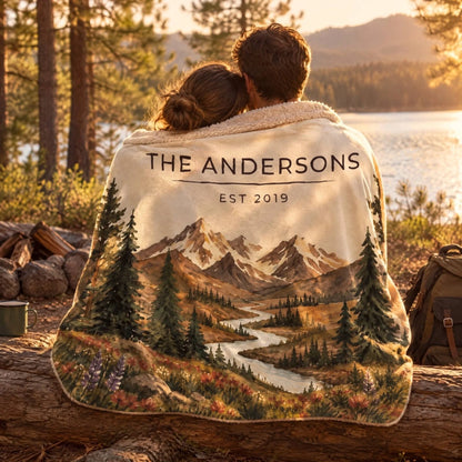 Couple wrapped in the Mountain River Wildflower Sherpa Blanket by a lake