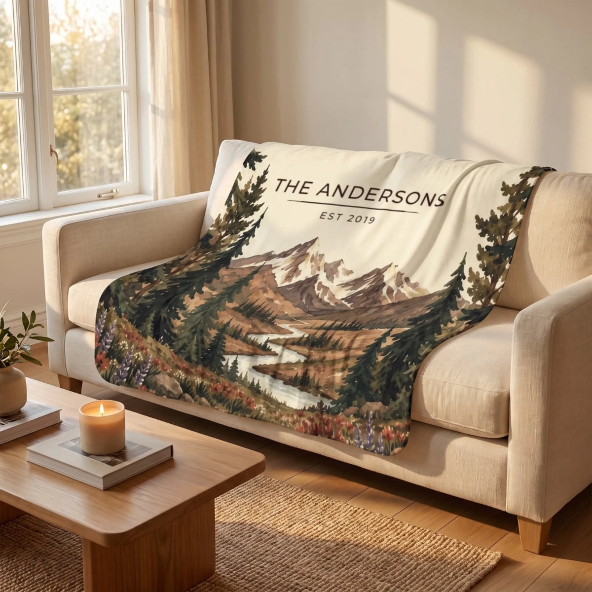 Mountain River Wildflower Sherpa Blanket draped over a sofa