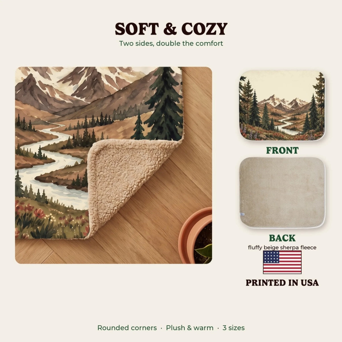Soft and cozy sherpa blanket, printed in the USA